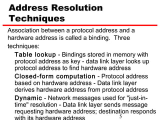 Address Resolution
Techniques
Association between a protocol address and a
hardware address is called a binding. Three
techniques:
   Table lookup - Bindings stored in memory with
   protocol address as key - data link layer looks up
   protocol address to find hardware address
   Closed-form computation - Protocol address
   based on hardware address - Data link layer
   derives hardware address from protocol address
   Dynamic - Network messages used for "just-in-
   time" resolution - Data link layer sends message
   requesting hardware address; destination responds
                                       5
 