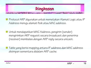 Ringkasan

   Protocol ARP digunakan untuk memetakan Alamat Logic atau IP
   Address menuju alamat fisik atau MAC address.

   Untuk mendapatkan MAC Address, pengirim (sender)
   mengirimkan ARP request secara broadcast dan penerima
   (receiver) membalas dengan ARP reply secara unicast.

   Table yang berisi mapping antara IP address dan MAC address
   disimpan sementara didalam ARP cache.


Ambar                                            ARP -           16
 