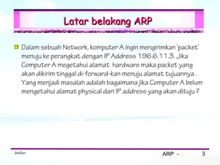 Latar belakang ARP

   Dalam sebuah Network, komputer A ingin mengirimkan ‘packet’
   menuju ke perangkat dengan IP Address 196.6.11.3. Jika
   Computer A megetahui alamat hardware maka packet yang
   akan dikirim tinggal di-forward-kan menuju alamat tujuannya .
   Yang menjadi masalah adalah bagaimana jika Computer A belum
   mengetahui alamat physical dari IP address yang akan dituju ?




Ambar                                             ARP -        3
 