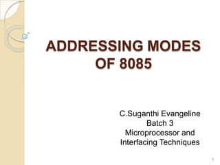 ADDRESSING MODES
OF 8085
1
C.Suganthi Evangeline
Batch 3
Microprocessor and
Interfacing Techniques
 