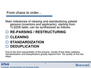 From chaos to order...

Main milestones of clearing and standardizing patstat
   persons (inventors and applicants), starting from
   TLS206 table, can be synthesized as follows:
   RE-PARSING / RESTRUCTURING
   CLEANING
   STANDARDIZATION
   DEDUPLICATION
Due to the strict sequentiality of the process, results of last steps (address
standardization and deduplication) greatly depend from the quality of first two
steps.

                                        1
 