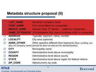 Metadata structure proposal (II)

   LAST_NAME               Surname / company name
   FIRST_NAME              First name (blank for companies)
   MIDDLE_NAME             Second, third, 4th names … (blank for companies)
   NAME_EXTENSION          Jr/Sr/academic title; type of business entity in companies
   ADDRESS                 Typically: toponym, name, number
   LOCALITY                City area (optional)
   ADDR_OTHER              Other specifics different than toponyms (floor, building, but
    also c/o company name) [should be data not relevant for standardization]
   CITY                    Municipality name
   COUNTY                  Administrative level above municipality
   REGION                  Administrative level above county
   STATE                   Administrative level above region for federal nations
   ZIP_CODE                Alphanumeric zip code
                                            4
 