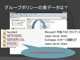 グループポリシーの実データは？
トラブル時は共有されていませんでした。
17
 