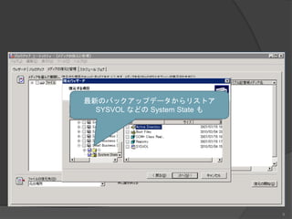 最新のバックアップデータからリストア
SYSVOL などの System State も
9
 