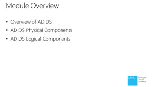 • Overview of AD DS
• AD DS Physical Components
• AD DS Logical Components
Module Overview
 