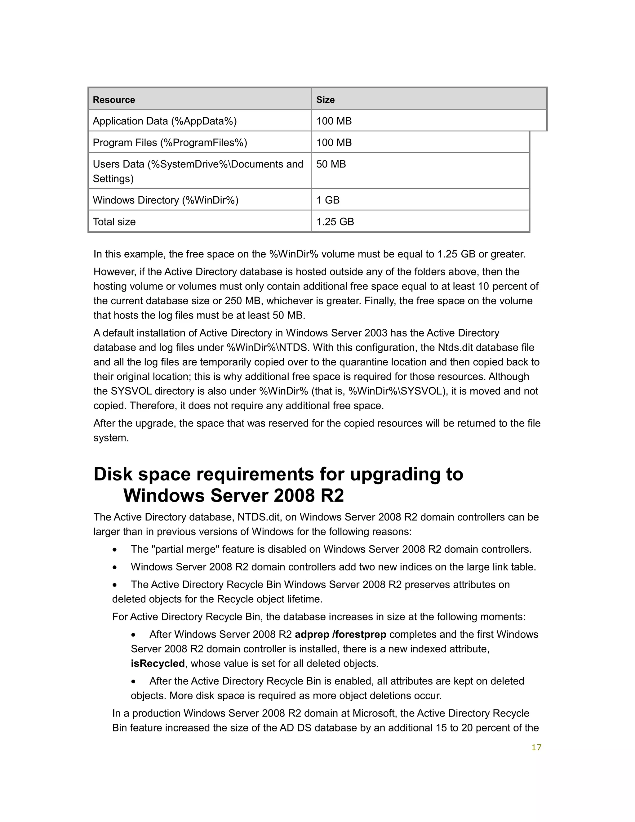 Resource Size
Application Data (%AppData%) 100 MB
Program Files (%ProgramFiles%) 100 MB
Users Data (%SystemDrive%Documents and
Settings)
50 MB
Windows Directory (%WinDir%) 1 GB
Total size 1.25 GB
In this example, the free space on the %WinDir% volume must be equal to 1.25 GB or greater.
However, if the Active Directory database is hosted outside any of the folders above, then the
hosting volume or volumes must only contain additional free space equal to at least 10 percent of
the current database size or 250 MB, whichever is greater. Finally, the free space on the volume
that hosts the log files must be at least 50 MB.
A default installation of Active Directory in Windows Server 2003 has the Active Directory
database and log files under %WinDir%NTDS. With this configuration, the Ntds.dit database file
and all the log files are temporarily copied over to the quarantine location and then copied back to
their original location; this is why additional free space is required for those resources. Although
the SYSVOL directory is also under %WinDir% (that is, %WinDir%SYSVOL), it is moved and not
copied. Therefore, it does not require any additional free space.
After the upgrade, the space that was reserved for the copied resources will be returned to the file
system.
Disk space requirements for upgrading to
Windows Server 2008 R2
The Active Directory database, NTDS.dit, on Windows Server 2008 R2 domain controllers can be
larger than in previous versions of Windows for the following reasons:
• The "partial merge" feature is disabled on Windows Server 2008 R2 domain controllers.
• Windows Server 2008 R2 domain controllers add two new indices on the large link table.
• The Active Directory Recycle Bin Windows Server 2008 R2 preserves attributes on
deleted objects for the Recycle object lifetime.
For Active Directory Recycle Bin, the database increases in size at the following moments:
• After Windows Server 2008 R2 adprep /forestprep completes and the first Windows
Server 2008 R2 domain controller is installed, there is a new indexed attribute,
isRecycled, whose value is set for all deleted objects.
• After the Active Directory Recycle Bin is enabled, all attributes are kept on deleted
objects. More disk space is required as more object deletions occur.
In a production Windows Server 2008 R2 domain at Microsoft, the Active Directory Recycle
Bin feature increased the size of the AD DS database by an additional 15 to 20 percent of the
17
 