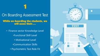 11 11
1
While on-boarding the students, we
will asses their….
• Finance sector Knowledge Level
•Functional Skill Level
• Motivational Level
•Communication Skills
• Psychometric Test Role Fit
On Boarding Assessment Test
 