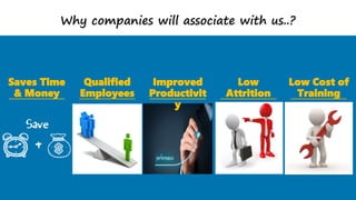 17
Why companies will associate with us..?
Saves Time
& Money
Qualified
Employees
Improved
Productivit
y
Low
Attrition
Low Cost of
Training
 