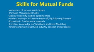 31
•Awareness of various asset classes
•Portfolio Management Skills
•Ability to identify trading opportunities
•Understanding of risk return trade-off, liquidity requirement
•Expertise in Fundamental research
•Excellent knowledge on Valuations and Excel Modeling
•Understanding mutual fund industry concept and products
Skills for Mutual Funds
 