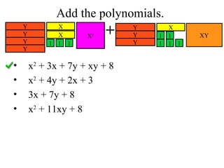 Add the polynomials. + x 2  + 3x + 7y + xy + 8 x 2  + 4y + 2x + 3 3x + 7y + 8 x 2  + 11xy + 8 X 2 1 1 X X XY Y Y Y Y 1 1 1 X Y Y Y 1 1 1 