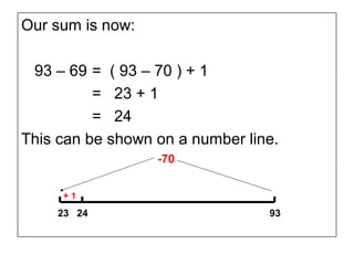 Our sum is now:

 93 – 69 = ( 93 – 70 ) + 1
          = 23 + 1
          = 24
This can be shown on a number line.
                  -70


     +1

    23 24                        93
 