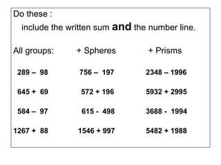 Do these :
  include the written sum   and the number line.

All groups:     + Spheres           + Prisms

 289 – 98        756 – 197          2348 – 1996

 645 + 69        572 + 196          5932 + 2995

 584 – 97        615 - 498          3688 - 1994

1267 + 88       1546 + 997          5482 + 1988
 