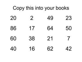 Copy this into your books

20     2       49      23
86     17      64      50
60     38      21       7
40     16      62      42
 