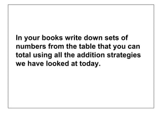 In your books write down sets of
numbers from the table that you can
total using all the addition strategies
we have looked at today.
 