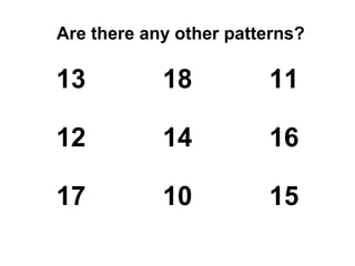 Are there any other patterns?

13          18          11

12          14          16

17          10          15
 