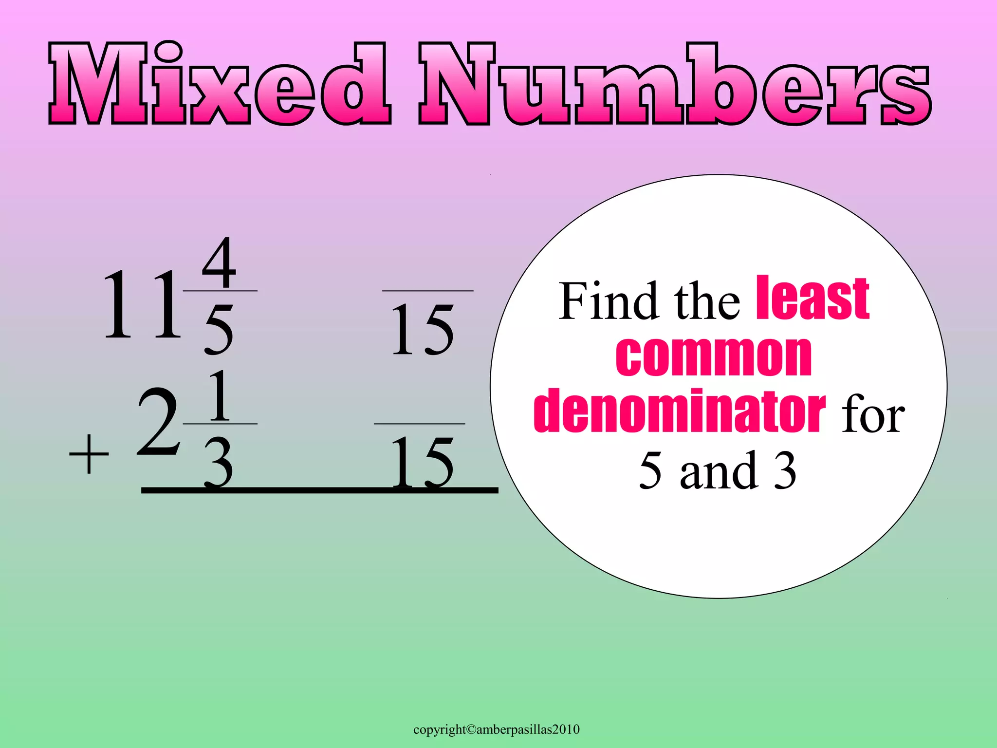 copyright©amberpasillas2010 
4 
5 
13 
+ 
Find the least 
common 
denominator for 
5 and 3 
15 
15 
11 
2 
 