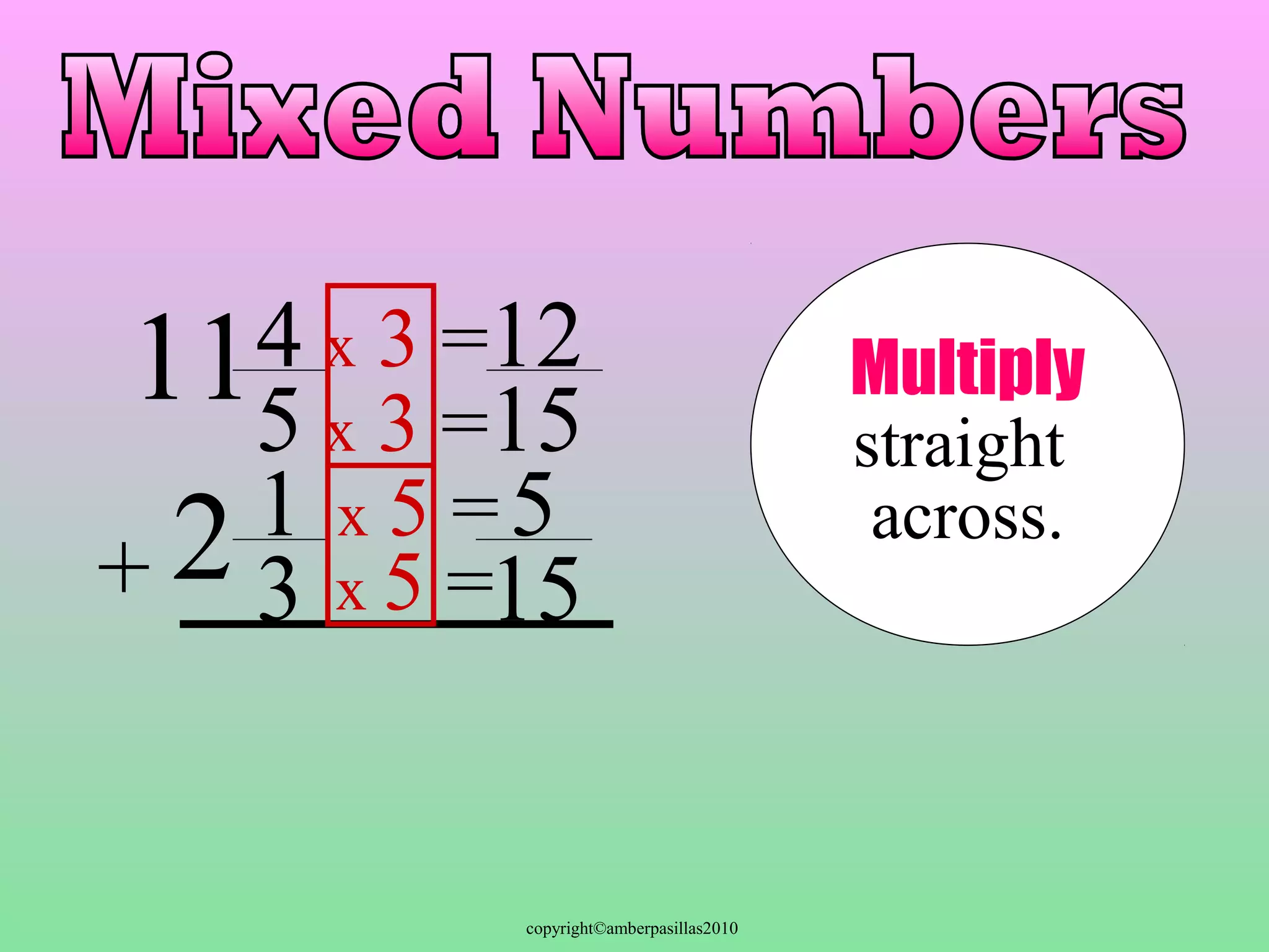 11 Multiply 
copyright©amberpasillas2010 
4 
5 
x 3 = 
2 
13 
+ 
15 
x 3 = 
x 5 = 
x 5 =15 
straight 
across. 
12 
5 
 