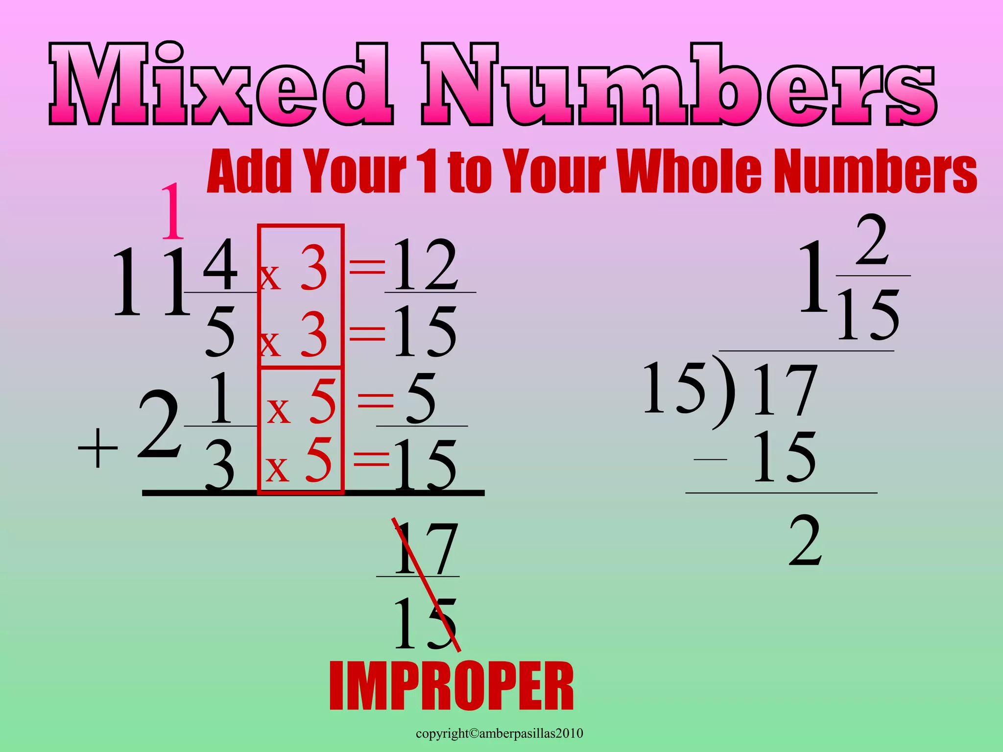 1 Add Your 1 to Your Whole Numbers 
11 12 
5 
17 
15 
copyright©amberpasillas2010 
4 
5 
x 3 = 
2 
13 
+ 
15 
x 3 = 
x 5 = 
x 5 =15 
1 
15 
2 
15)17 
2 
15 
IMPROPER 
 