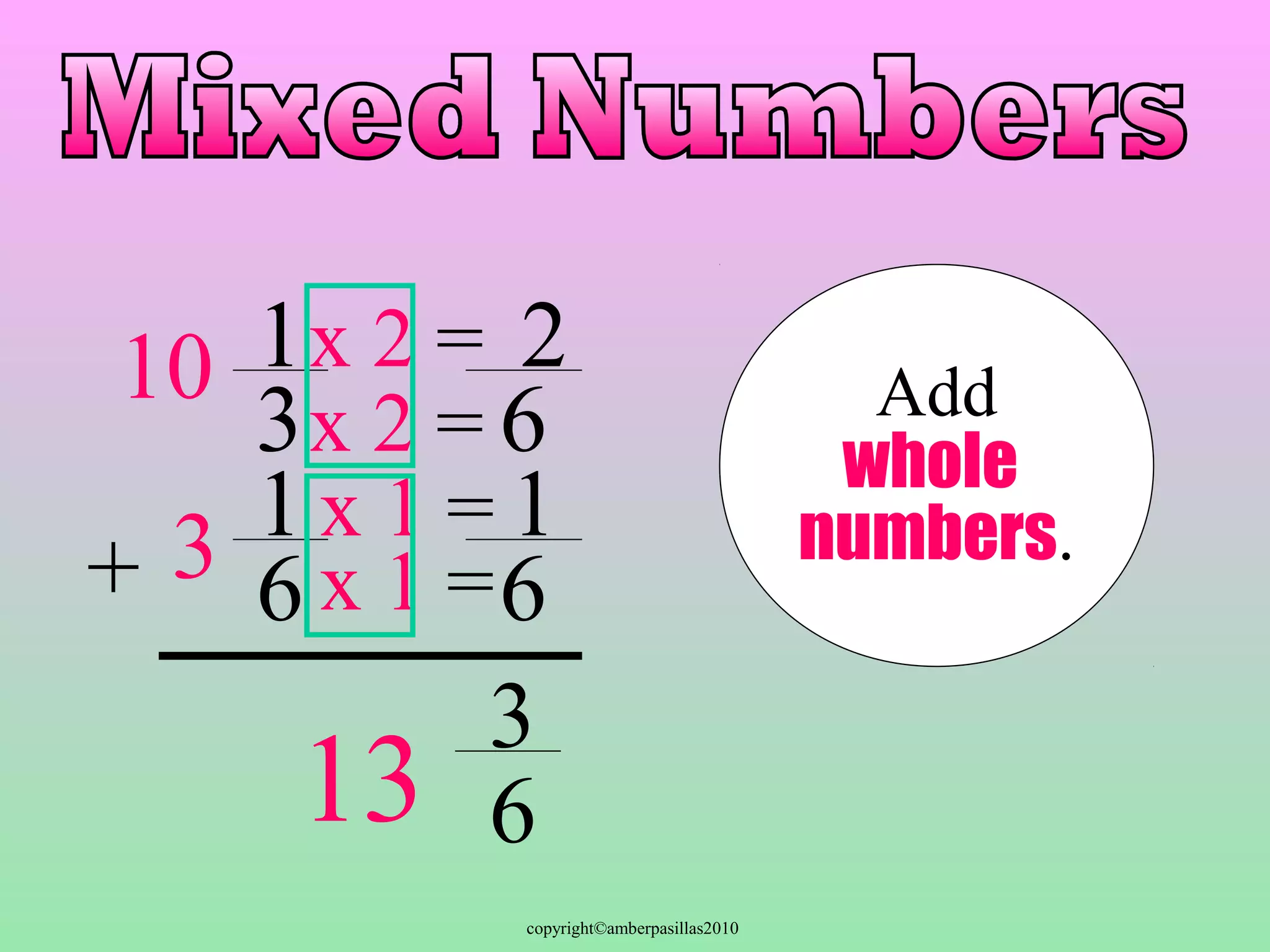 2 
1 
3 
6 
copyright©amberpasillas2010 
1 
3 
10 x 2 = 
3 
16 
+ 
6 
x 2 = 
x 1 = 
x 1 =6 
Add 
whole 
numbers. 
13 
 