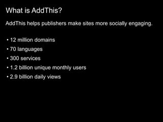 What is AddThis?
AddThis helps publishers make sites more socially engaging.


• 12 million domains
• 70 languages
• 300 services
• 1.2 billion unique monthly users
• 2.9 billion daily views
 