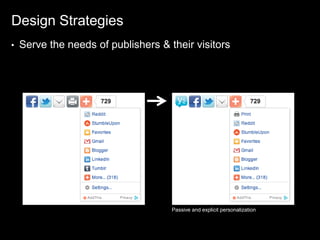 Design Strategies
•   Serve the needs of publishers & their visitors




                                     Passive and explicit personalization
 