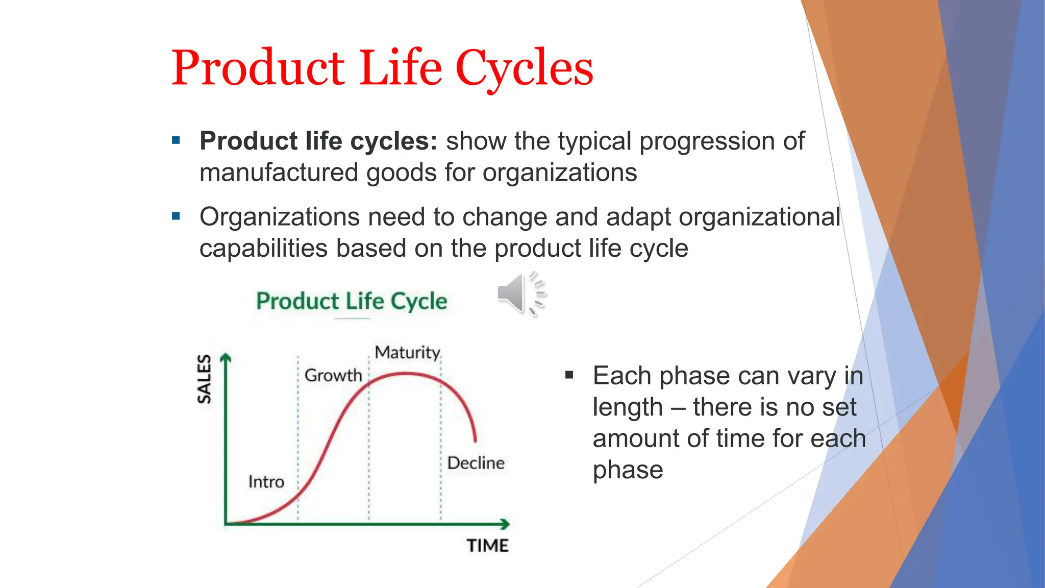Product Life Cycles
 Product life cycles: show the typical progression of
manufactured goods for organizations
 Organizations need to change and adapt organizational
capabilities based on the product life cycle
 Each phase can vary in
length – there is no set
amount of time for each
phase
 