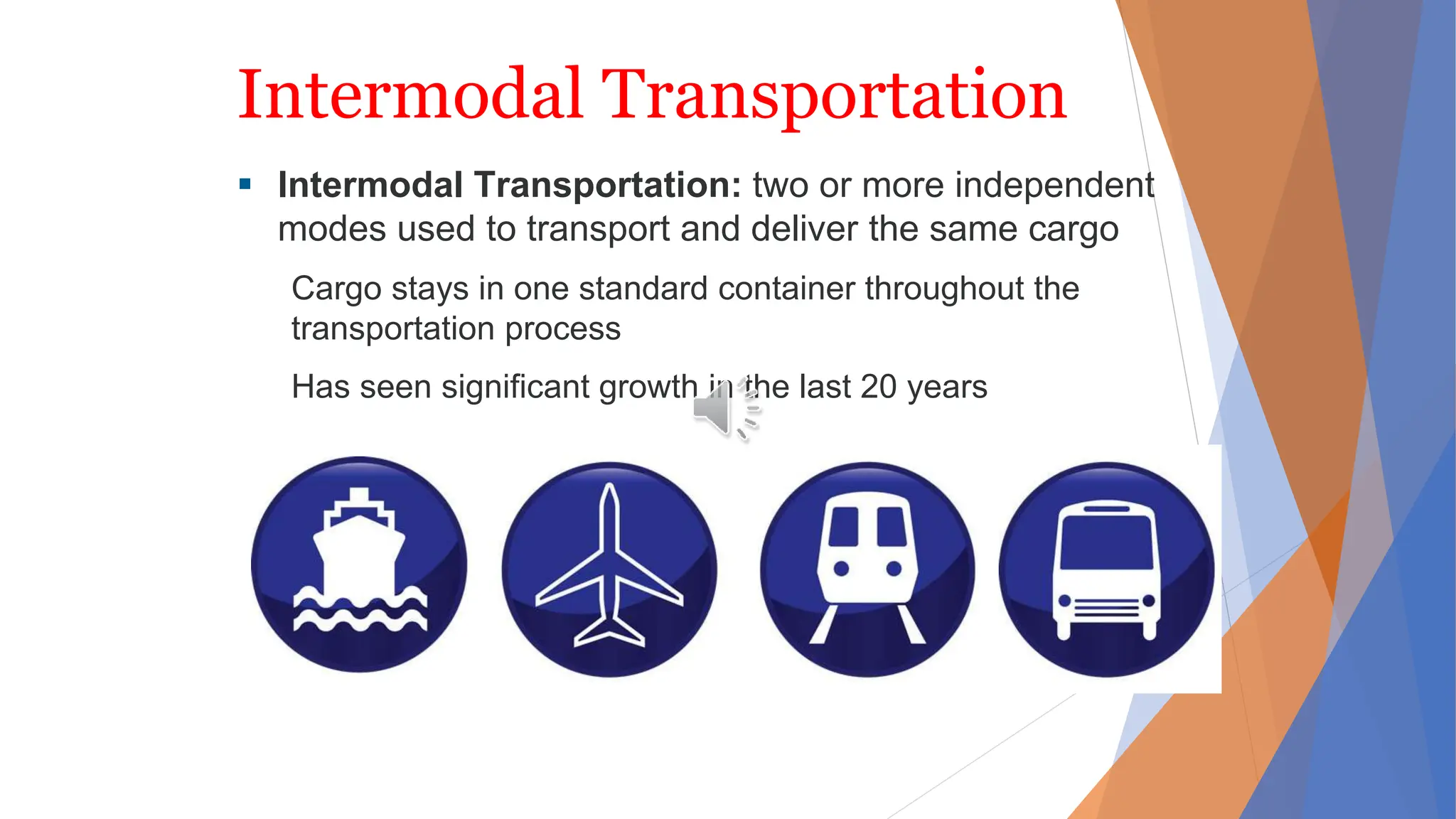 Intermodal Transportation
 Intermodal Transportation: two or more independent
modes used to transport and deliver the same cargo
Cargo stays in one standard container throughout the
transportation process
Has seen significant growth in the last 20 years
 
