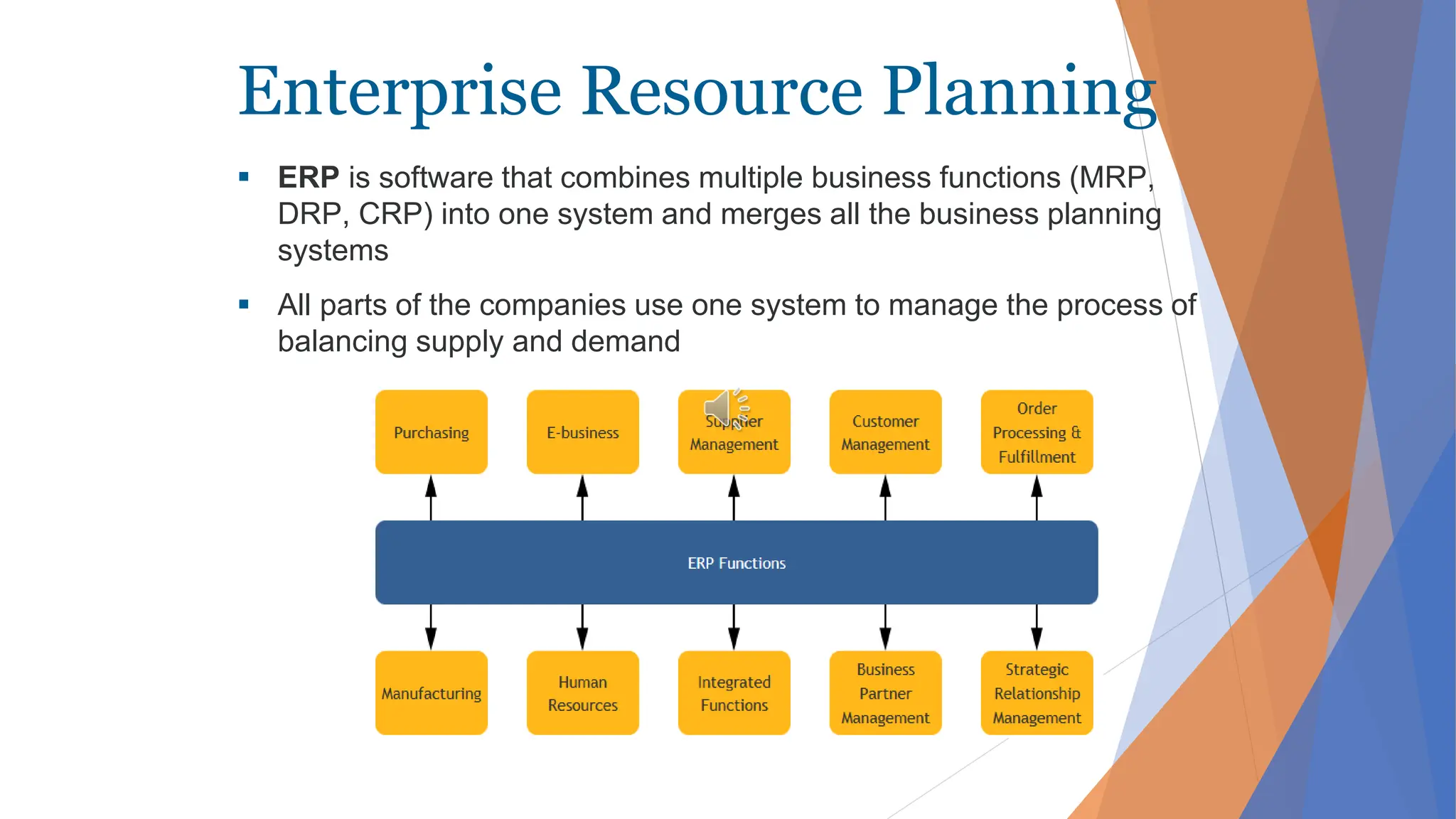 Enterprise Resource Planning
 ERP is software that combines multiple business functions (MRP,
DRP, CRP) into one system and merges all the business planning
systems
 All parts of the companies use one system to manage the process of
balancing supply and demand
 