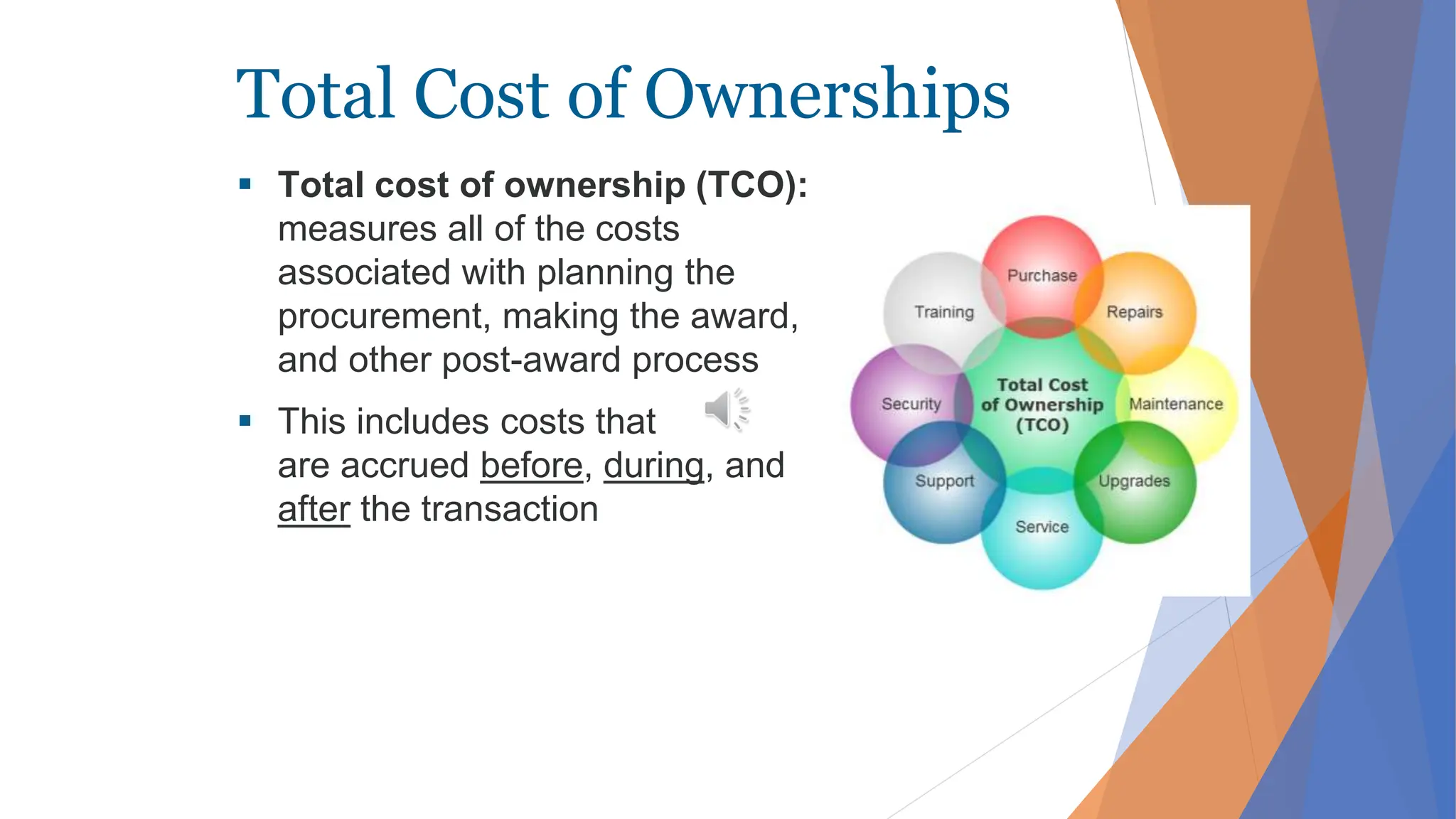 Total Cost of Ownerships
 Total cost of ownership (TCO):
measures all of the costs
associated with planning the
procurement, making the award,
and other post-award process
 This includes costs that
are accrued before, during, and
after the transaction
 