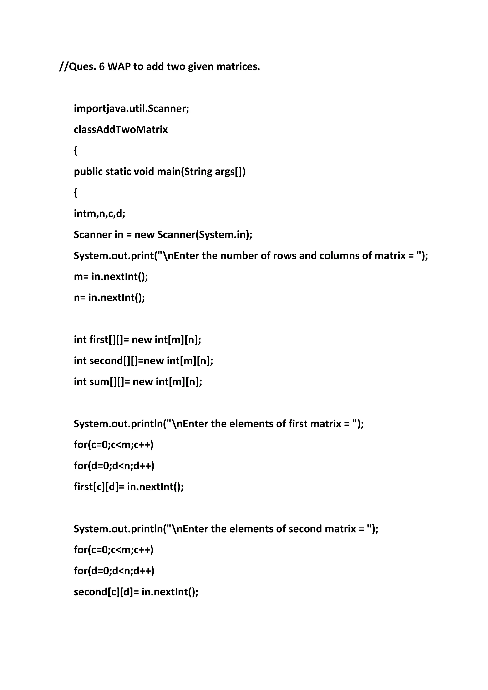 WAP to add two given matrices in Java | DOCX | Technology & Computing
