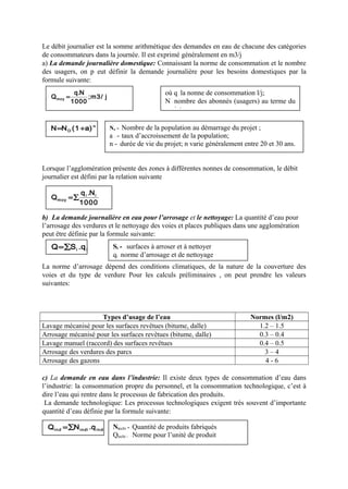 Le débit journalier est la somme arithmétique des demandes en eau de chacune des catégories 
de consommateurs dans la journée. Il est exprimé généralement en m3/j 
a) La demande journalière domestique: Connaissant la norme de consommation et le nombre 
des usagers, on p eut définir la demande journalière pour les besoins domestiques par la 
formule suivante: 
;m3/ j 
Q q.N moy = 
1000 
n 
N=NO (1+a) 
où q - la nonne de consommation l/j; 
N - nombre des abonnés (usagers) au terme du 
projet 
No - - Nombre de la population au démarrage du projet ; 
a - - - taux d’accroissement de la population; 
n - - durée de vie du projet; n varie généralement entre 20 et 30 ans. 
Lorsque l’agglomération présente des zones à différentes nonnes de consommation, le débit 
journalier est défini par la relation suivante 
Q qi .Ni 
1000 
moy =å 
b) La demande journalière en eau pour l’arrosage et le nettoyage: La quantité d’eau pour 
l’arrosage des verdures et le nettoyage des voies et places publiques dans une agglomération 
peut être définie par la formule suivante: 
Q=åSi .qi 
Si - - surfaces à arroser et à nettoyer 
qi - norme d’arrosage et de nettoyage 
La norme d’arrosage dépend des conditions climatiques, de la nature de la couverture des 
voies et du type de verdure Pour les calculs préliminaires , on peut prendre les valeurs 
suivantes: 
Types d’usage de l’eau Normes (l/m2) 
Lavage mécanisé pour les surfaces revêtues (bitume, dalle) 1.2 – 1.5 
Arrosage mécanisé pour les surfaces revêtues (bitume, dalle) 0.3 – 0.4 
Lavage manuel (raccord) des surfaces revêtues 0.4 – 0.5 
Arrosage des verdures des parcs 3 – 4 
Arrosage des gazons 4 - 6 
c) La demande en eau dans l’industrie: Il existe deux types de consommation d’eau dans 
l’industrie: la consommation propre du personnel, et la consommation technologique, c’est à 
dire l’eau qui rentre dans le processus de fabrication des produits. 
- La demande technologique: Les processus technologiques exigent très souvent d’importante 
quantité d’eau définie par la formule suivante: 
Ntechi - - Quantité de produits fabriqués 
Qtechi - - Norme pour l’unité de produit 
Qind =åNindi .qindi 
 