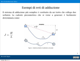 Reti di distribuzione idrica




                               Esempi di reti di adduzione
    Il sistema di adduzione più semplice è costituito da un tratto che collega due
    serbatoi. La cadente piezometrica che si viene a generare è facilmente
    determinata come:




          H
       J=
          L




                                                                                     2

Riccardo Rigon

Tuesday, May 15, 12
 