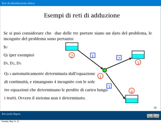 Reti di distribuzione idrica




                               Esempi di reti di adduzione


  Se si può considerare che due delle tre portate siano un dato del problema, le
  incognite del problema sono pertanto:

  h1

  Q1 (per esempio)                      2           1
                                                                  2
  D1, D2, D3                                                              3

   Q1 è automaticamente determinata dall’equazione
                                                        1
   di continuità, e rimangono 4 incognite con le sole
                                                              3
   tre equazioni che determinano le perdite di carico lungo
                                                                      4
   i tratti. Ovvero il sistema non è determinato.

                                                                                   20

Riccardo Rigon

Tuesday, May 15, 12
 