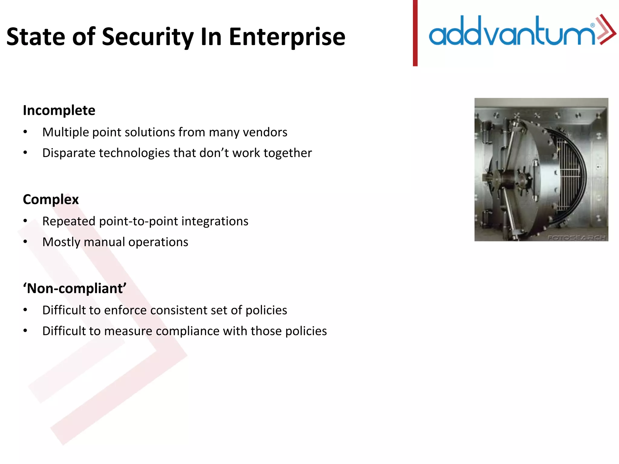 State of Security In Enterprise 
Incomplete 
• Multiple point solutions from many vendors 
• Disparate technologies that don’t work together 
Complex 
• Repeated point-to-point integrations 
• Mostly manual operations 
‘Non-compliant’ 
• Difficult to enforce consistent set of policies 
• Difficult to measure compliance with those policies 
 
