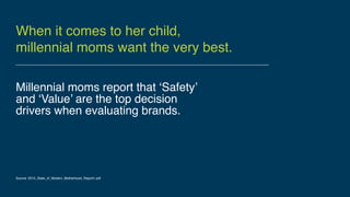 When it comes to her child,  
millennial moms want the very best.
Millennial moms report that ‘Safety’
and ‘Value’ are the top decision
drivers when evaluating brands.
Source: 2015_State_of_Modern_Motherhood_Report1.pdf
 