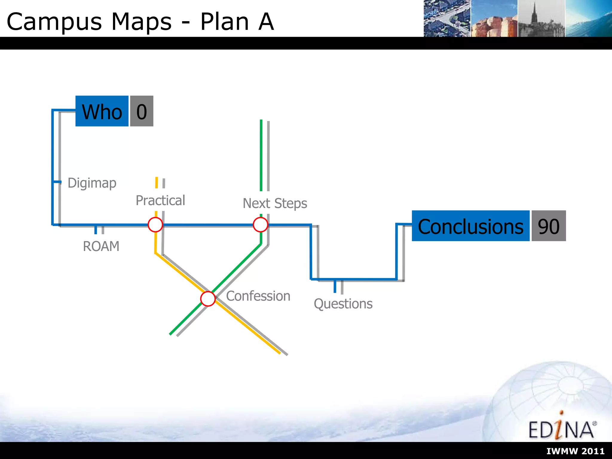 Campus Maps - Plan A IWMW 2011 Who Digimap ROAM Questions Conclusions 0 90 Confession Next Steps Practical 