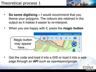 Theoretical process 1 Magic button may appear here.... IWMW 2011 Do some digitising –  I would recommend that you theme your polygons. The colours are retained in the output so it makes it easier to re-interpret. When you are happy with it, press the  magic button Get the code and load it into a GIS or load it into a web page through an  API  such as openlayers/google 
