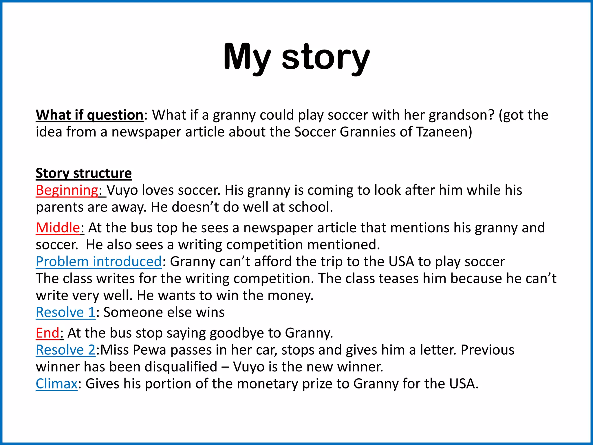 My story
What if question: What if a granny could play soccer with her grandson? (got the
idea from a newspaper article about the Soccer Grannies of Tzaneen)
Story structure
Beginning: Vuyo loves soccer. His granny is coming to look after him while his
parents are away. He doesn’t do well at school.
Middle: At the bus top he sees a newspaper article that mentions his granny and
soccer. He also sees a writing competition mentioned.
Problem introduced: Granny can’t afford the trip to the USA to play soccer
The class writes for the writing competition. The class teases him because he can’t
write very well. He wants to win the money.
Resolve 1: Someone else wins
End: At the bus stop saying goodbye to Granny.
Resolve 2:Miss Pewa passes in her car, stops and gives him a letter. Previous
winner has been disqualified – Vuyo is the new winner.
Climax: Gives his portion of the monetary prize to Granny for the USA.
 