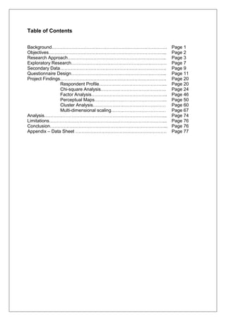 Table of Contents
Background…………………………………………………………………. Page 1
Objectives…………………………………………………………………... Page 2
Research Approach……………………………………………………….. Page 3
Exploratory Research……………………………………………………… Page 7
Secondary Data……………………………………………………………. Page 9
Questionnaire Design……………………………………………………... Page 11
Project Findings……………………………………………………………. Page 20
Respondent Profile……………………………………... Page 20
Chi-square Analysis……………………………………. Page 24
Factor Analysis………………………………………….. Page 46
Perceptual Maps………………………………………... Page 50
Cluster Analysis………………………………………… Page 60
Multi-dimensional scaling……………………………… Page 67
Analysis……………………………………………………………………... Page 74
Limitations…………………………………………………………………... Page 76
Conclusion…………………………………………………………………... Page 76
Appendix – Data Sheet …………………………………………………… Page 77
 