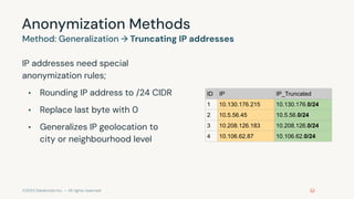 ©2023 Databricks Inc. — All rights reserved
Anonymization Methods
IP addresses need special
anonymization rules;
• Rounding IP address to /24 CIDR
• Replace last byte with 0
• Generalizes IP geolocation to
city or neighbourhood level
Method: Generalization → Truncating IP addresses
ID IP IP_Truncated
1 10.130.176.215 10.130.176.0/24
2 10.5.56.45 10.5.56.0/24
3 10.208.126.183 10.208.126.0/24
4 10.106.62.87 10.106.62.0/24
 
