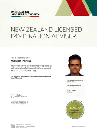 New Zealand Licensed Immigration Adviser Certificate