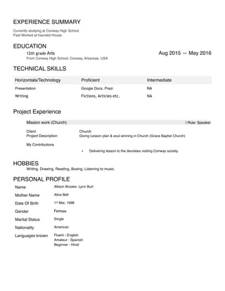 EXPERIENCE SUMMARY
Currently studying at Conway High School.
Past Worked at haunted House.
EDUCATION
12th grade Arts Aug 2015 — May 2016
From Conway High School, Conway, Arkansas, USA
TECHNICAL SKILLS
Project Experience
Mission work (Church) | Role: Speaker
Client Church
Project Description Giving Lesson plan & soul winning in Church (Grace Baptist Church)
My Contributions
HOBBIES
Writing, Drawing, Reading, Boxing, Listening to music.
PERSONAL PROFILE
Horizontals/Technology Proﬁcient Intermediate
Presentation Google Docs, Prezi NA
Writing Fictions, Articles etc. NA
▪ Delivering lesson to the devotees visiting Conway society.
Name Allison Brooke- Lynn Burt
Mother Name Alice Bell
Date Of Birth 1st Mar, 1998
Gender Female
Marital Status Single
Nationality American
Languages known Fluent - English
Amateur - Spanish
Beginner - Hindi
 
