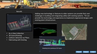 Retrofit
• As-is Data Collection
• 3D Scans/Existing
• Collision detection w/ Plans
• Fabricating with Existing
Adding new technology or features to older systems can provide their own
challenges in building and integrating safely with existing systems. TCI can
provide the technology and experience to implement engineered designs with
existing plant infrastructure.
ENDMainPlant
 