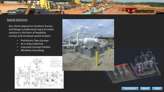 Spatial Solutions
• Preliminary Topo Surveys
• As-is Data Collection
• Improved Concept Exhibits
• Workflow Consulting
Our clients depend on Southern Survey
and Design’s professional input to create
solutions in the form of feasibility
surveys and increased spatial analysis.
ENDMainSouthern
 