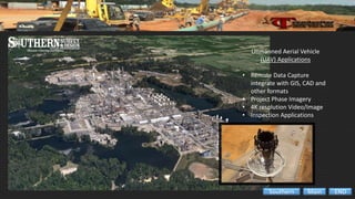 Unmanned Aerial Vehicle
(UAV) Applications
• Remote Data Capture
integrate with GIS, CAD and
other formats
• Project Phase Imagery
• 4K resolution Video/Image
• Inspection Applications
ENDMainSouthern
 