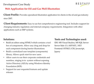 Development Case Study
Web Application for Oil and Gas Well Illustration
Client Profile: Provides specialized illustration application for clients in the oil and gas industry
since 2007.
Client Requirements: Easy to use but comprehensive engineering tool. Includes support for
changing industry regulatory and internal company requirements. Integration with other
applications such as ERP systems.
Solutions:
• Build an editor using HTML5 which contains a tool
box of components. Allow easy drag and drop for
each component during barrier illustrations
• Build a centralized user template (components)
library. Allows quick start for new users
• Allow users to use their corporate credentials and
seamless, singing in to system without exposing
Active Directory (AD) by using Windows Identity
Foundation (WIF)
• Support for user requested features and update
releases
Tools and Technologies used:
IDE: MS Visual Studios, MS SQL Server
Server Side: C#, ASP.NET, .NET
Frontend: HTML5, CSS, Javascript,
Jquery
 