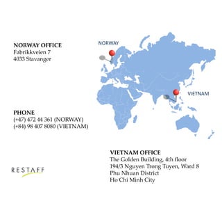 NORWAY
VIETNAM
VIETNAM OFFICE
The Golden Building, 4th floor
194/3 Nguyen Trong Tuyen, Ward 8
Phu Nhuan District
Ho Chi Minh City
PHONE
(+47) 472 44 361 (NORWAY)
(+84) 98 407 8080 (VIETNAM)
NORWAY OFFICE
Fabrikkveien 7
4033 Stavanger
 