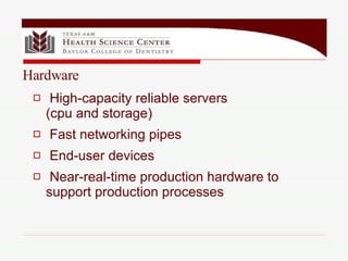 High-capacity reliable servers (cpu and storage) Fast networking pipes End-user devices  Near-real-time production hardware to support production processes Hardware 