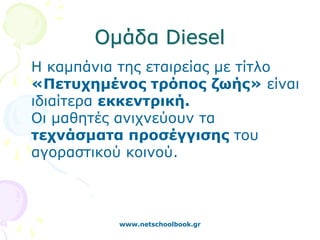 Ομάδα Diesel
Η καμπάνια της εταιρείας με τίτλο
«Πετυχημένος τρόπος ζωής» είναι
ιδιαίτερα εκκεντρική.
Οι μαθητές ανιχνεύουν τα
τεχνάσματα προσέγγισης του
αγοραστικού κοινού.



          www.netschoolbook.gr
 