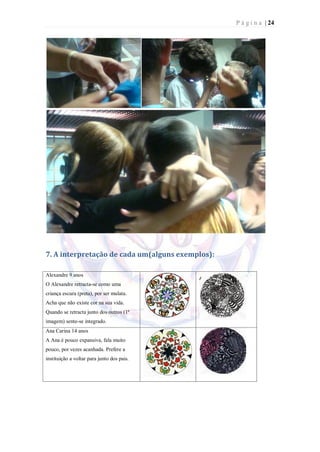 P á g i n a | 24




7. A interpretação de cada um(alguns exemplos):

Alexandre 9 anos
O Alexandre retracta-se como uma
criança escura (preta), por ser mulata.
Acha que não existe cor na sua vida.
Quando se retracta junto dos outros (1ª
imagem) sente-se integrado.
Ana Carina 14 anos
A Ana é pouco expansiva, fala muito
pouco, por vezes acanhada. Prefere a
instituição a voltar para junto dos pais.
 